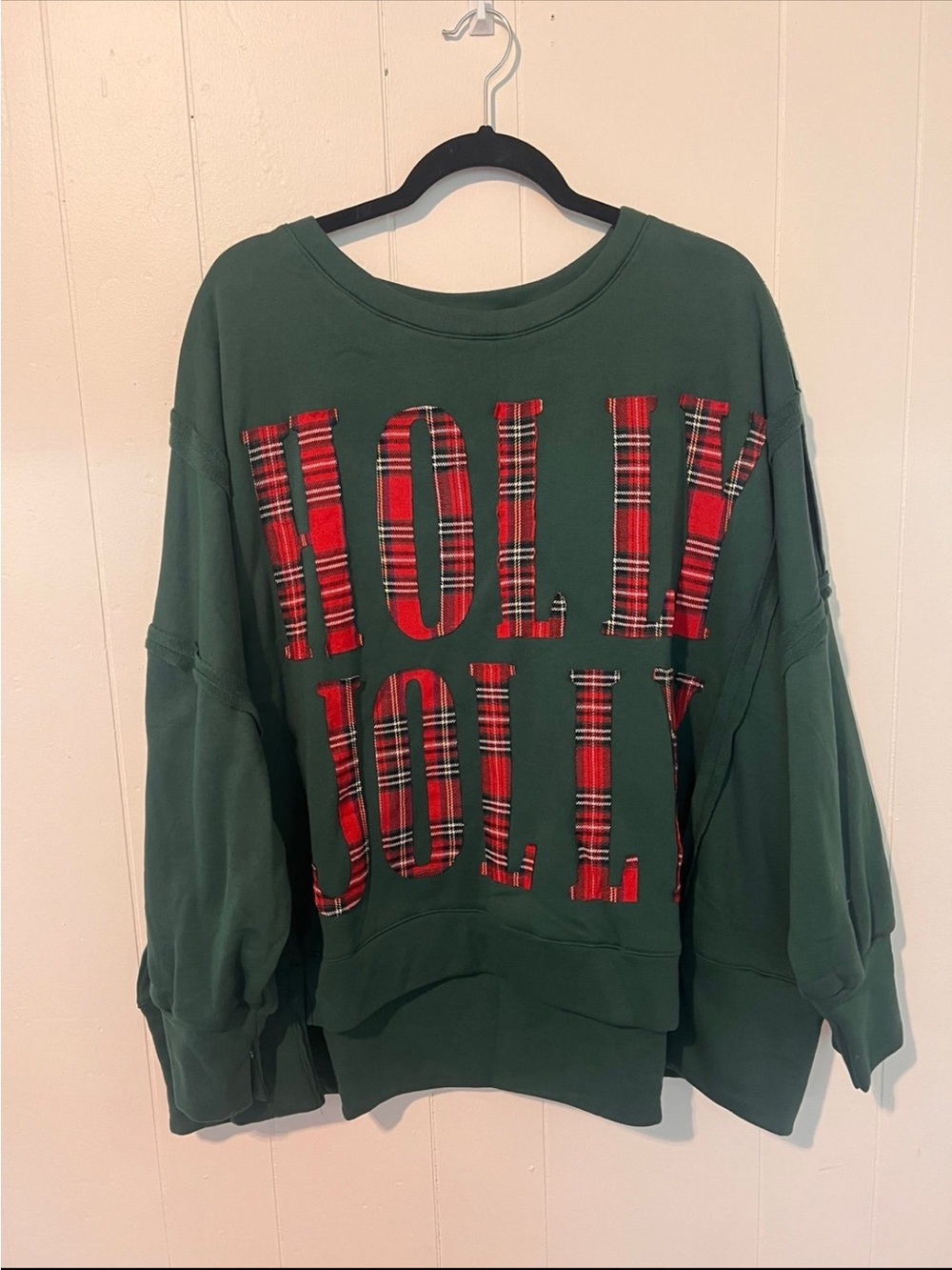 BiBi Green "Holly Jolly" Holiday Sweatshirt with Red Plaid Accents
